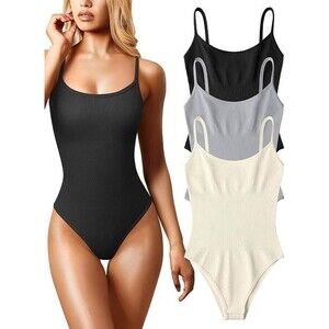 Shapewear Bodysuit, 3 Piece Sexy Ribbed Sleeveless Adjustable Spaghetti Strap